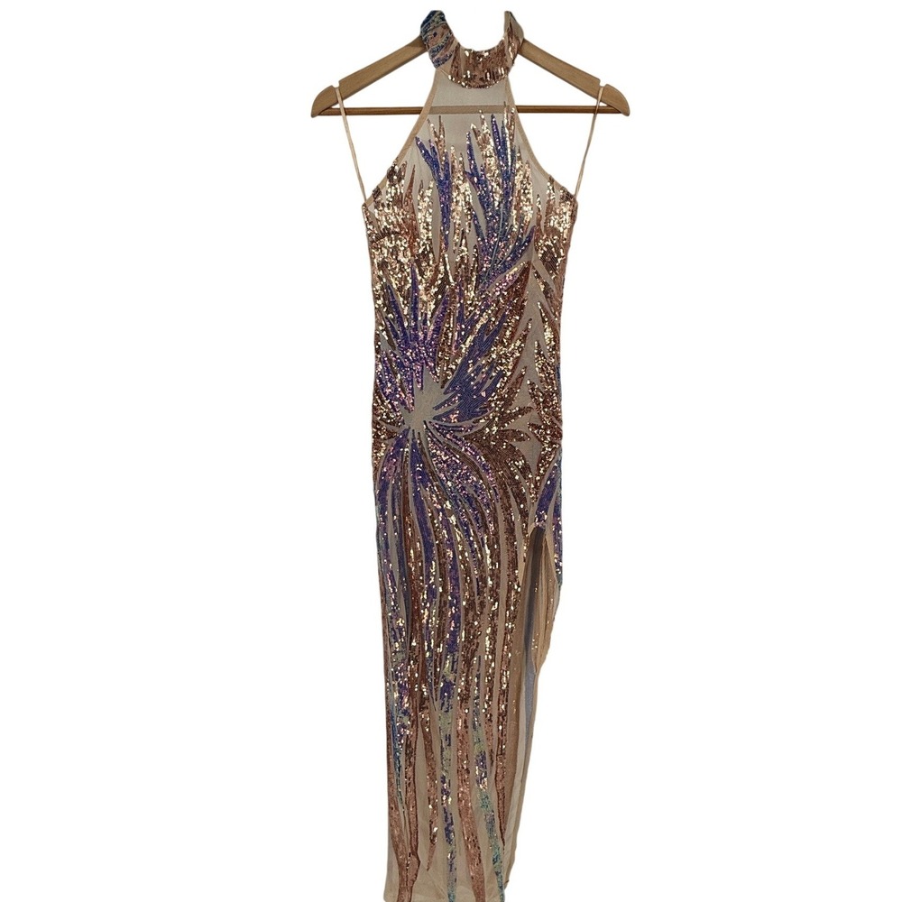 Banjul Rose Gold Sequin Halter Gown Purple Blue‎ Party S Mesh Fairy Formal Dress